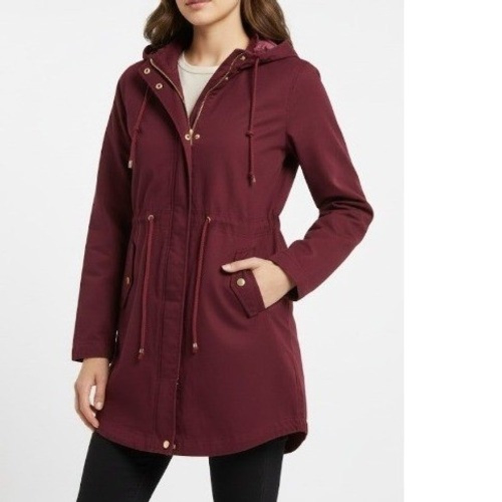 Ambiance Jacket Women S Burgundy Hooded Anorak Utility Drawstring Lightweight‎